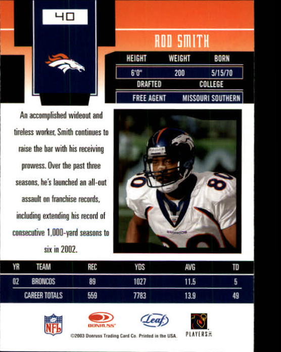 2003 Leaf Certified Materials #40 Rod Smith back image