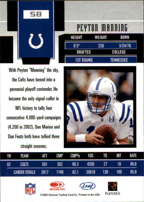 2003 Leaf Certified Materials #58 Peyton Manning back image