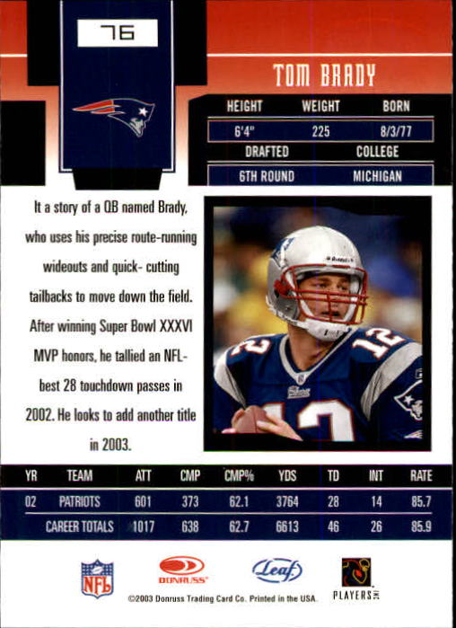 2003 Leaf Certified Materials #76 Tom Brady back image