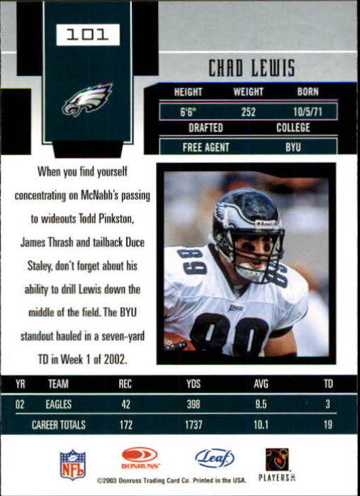 2003 Leaf Certified Materials #101 Chad Lewis back image