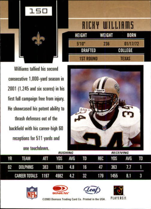 2003 Leaf Certified Materials #150 Ricky Williams back image