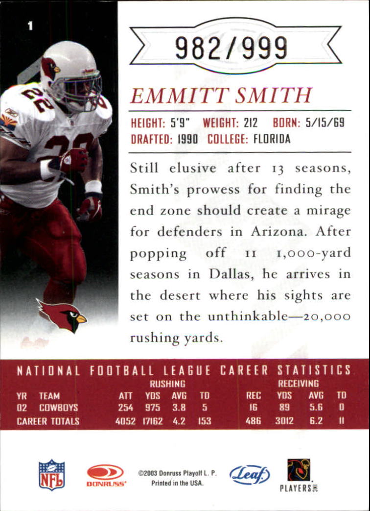 2003 Leaf Limited #1 Emmitt Smith back image