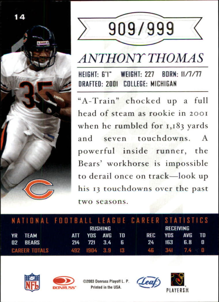 2003 Leaf Limited #14 Anthony Thomas back image