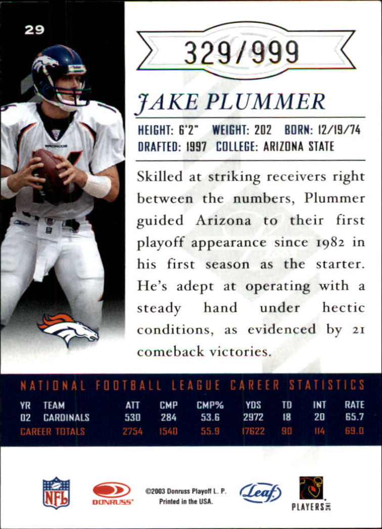 2003 Leaf Limited #29 Jake Plummer back image