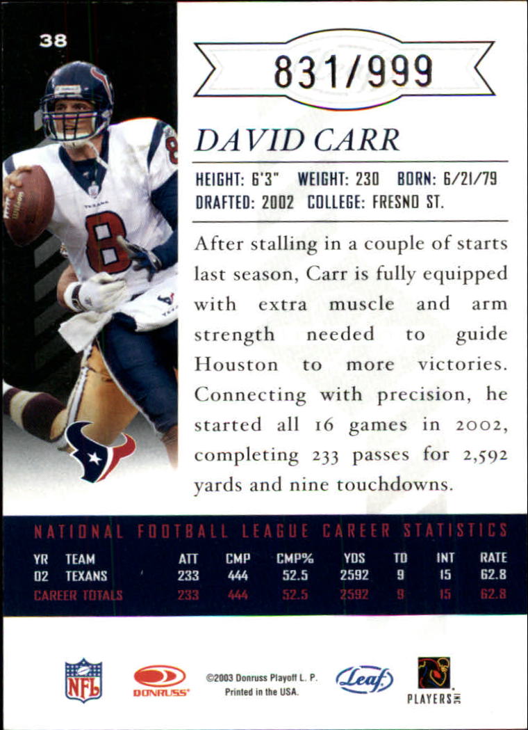 2003 Leaf Limited #38 David Carr back image