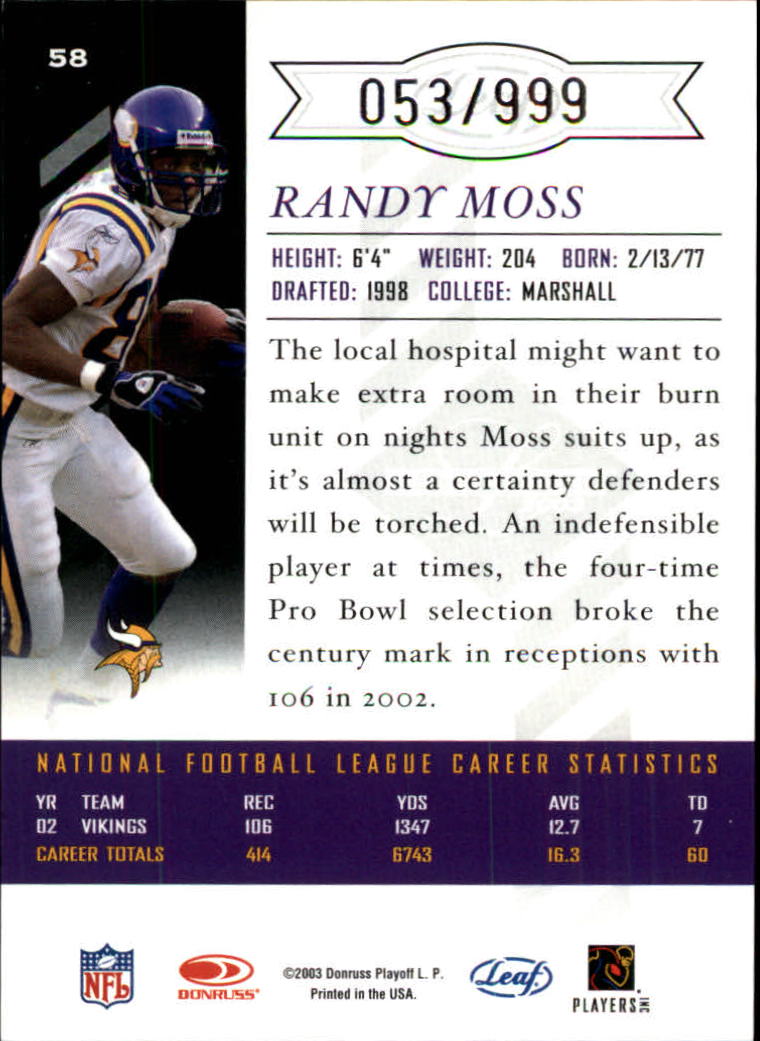 2003 Leaf Limited #58 Randy Moss back image