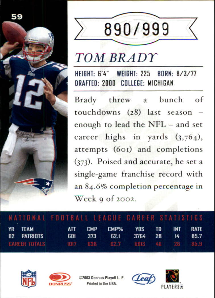 2003 Leaf Limited #59 Tom Brady back image