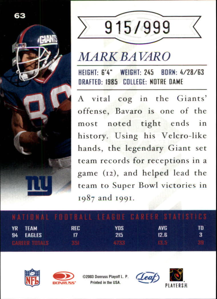 2003 Leaf Limited #63 Mark Bavaro back image