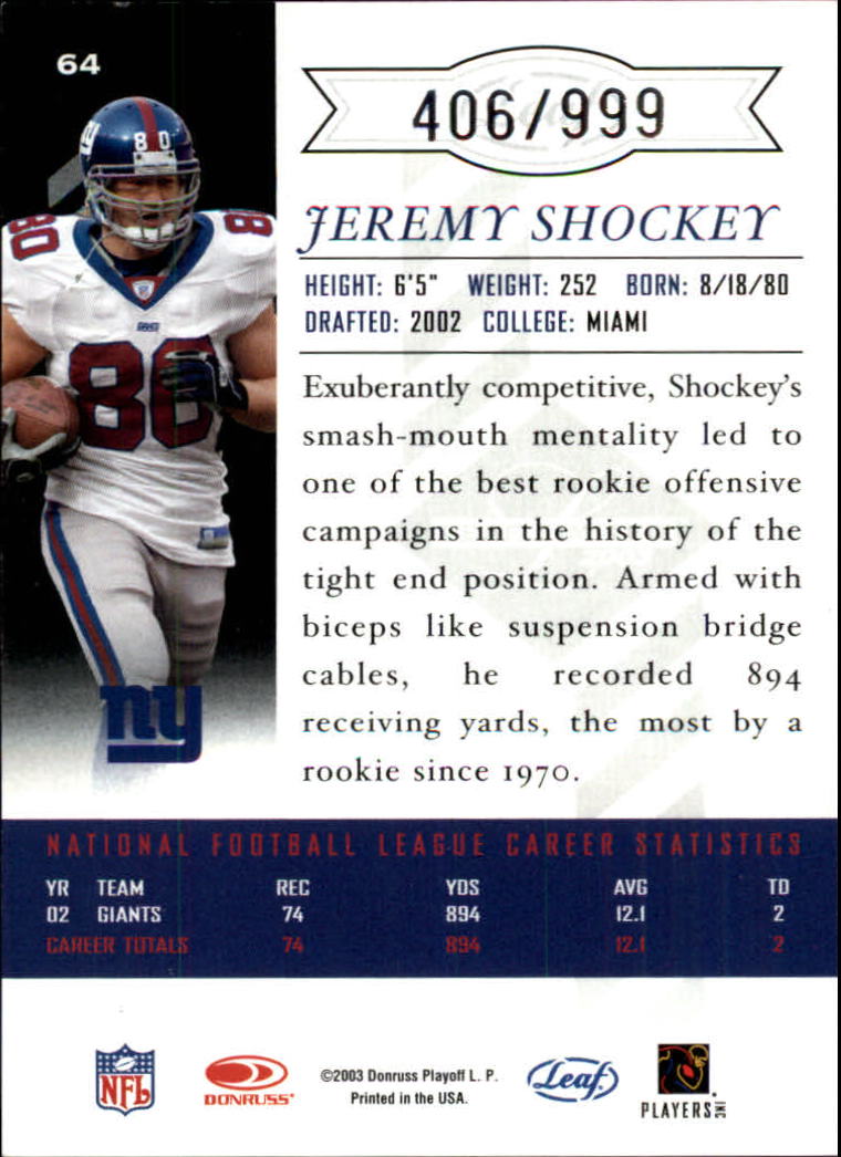 2003 Leaf Limited #64 Jeremy Shockey back image