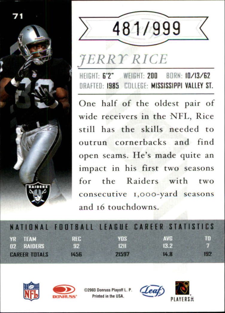 2003 Leaf Limited #71 Jerry Rice back image
