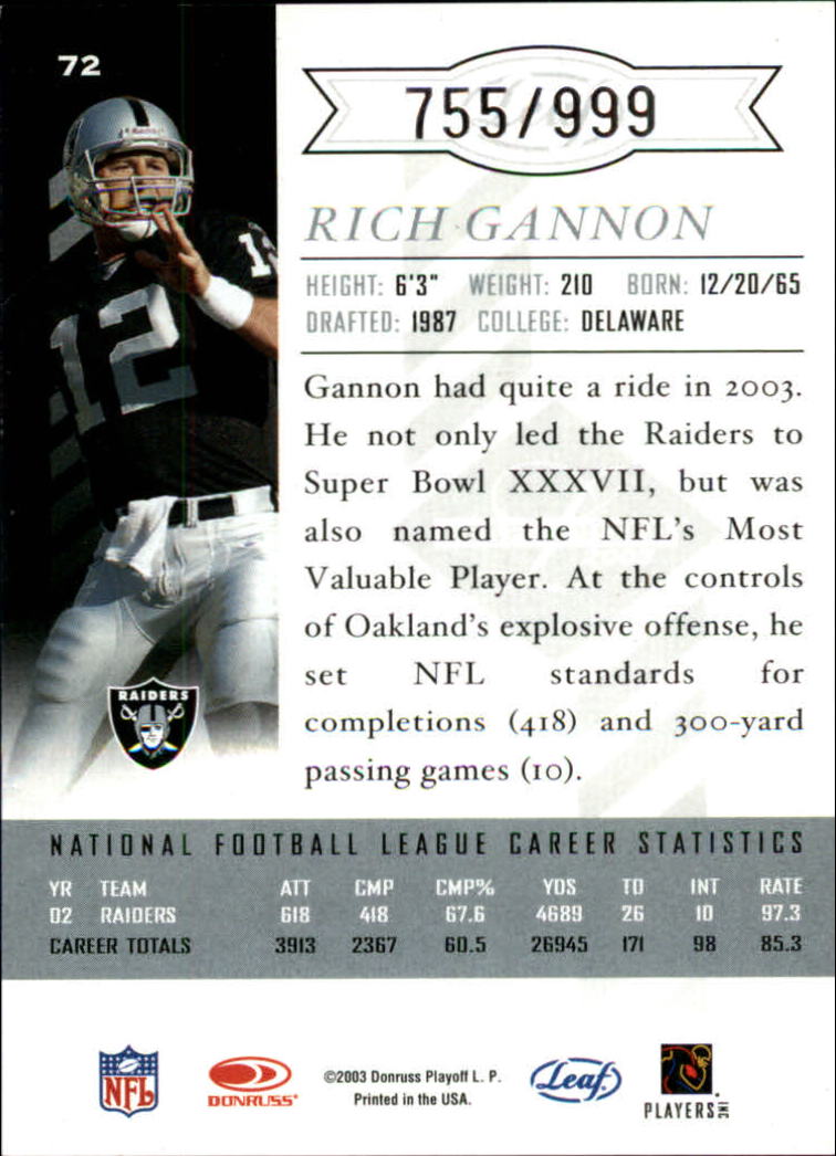 2003 Leaf Limited #72 Rich Gannon back image