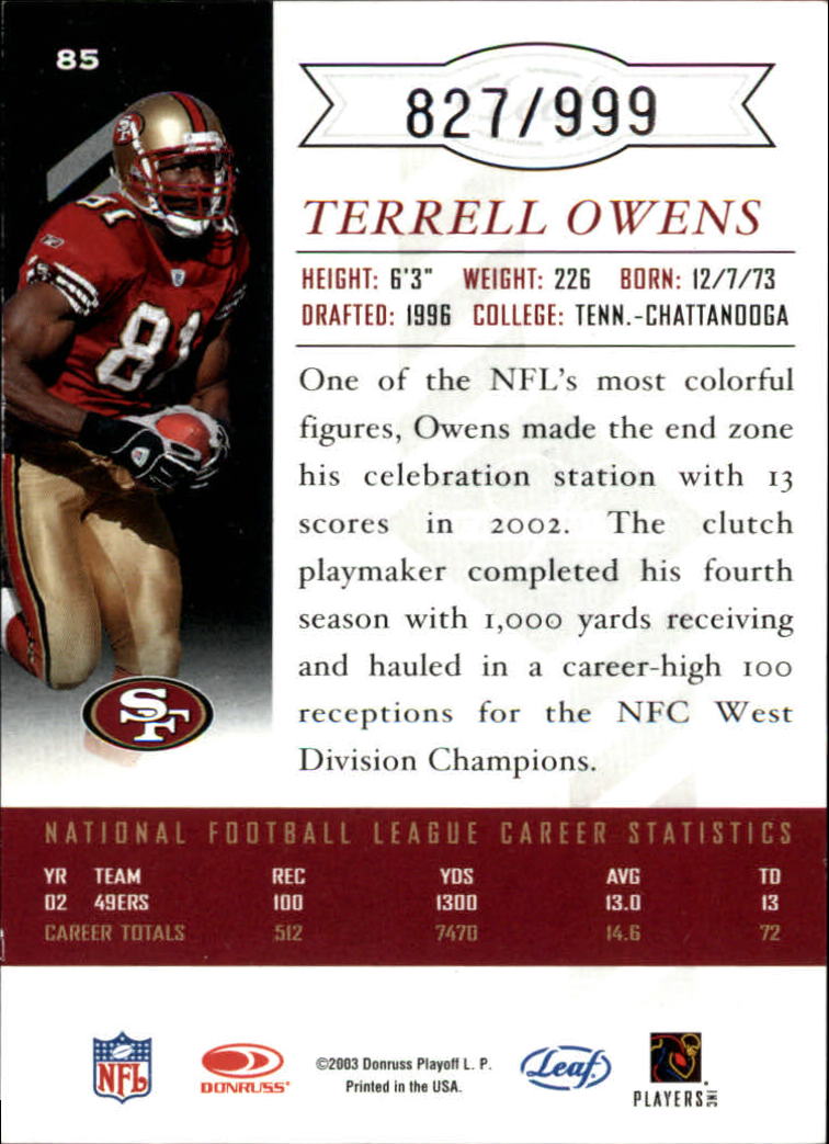 2003 Leaf Limited #85 Terrell Owens back image