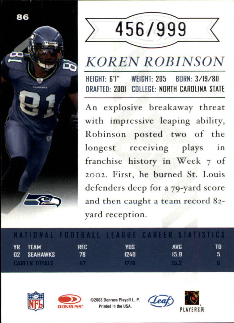 2003 Leaf Limited #86 Koren Robinson back image