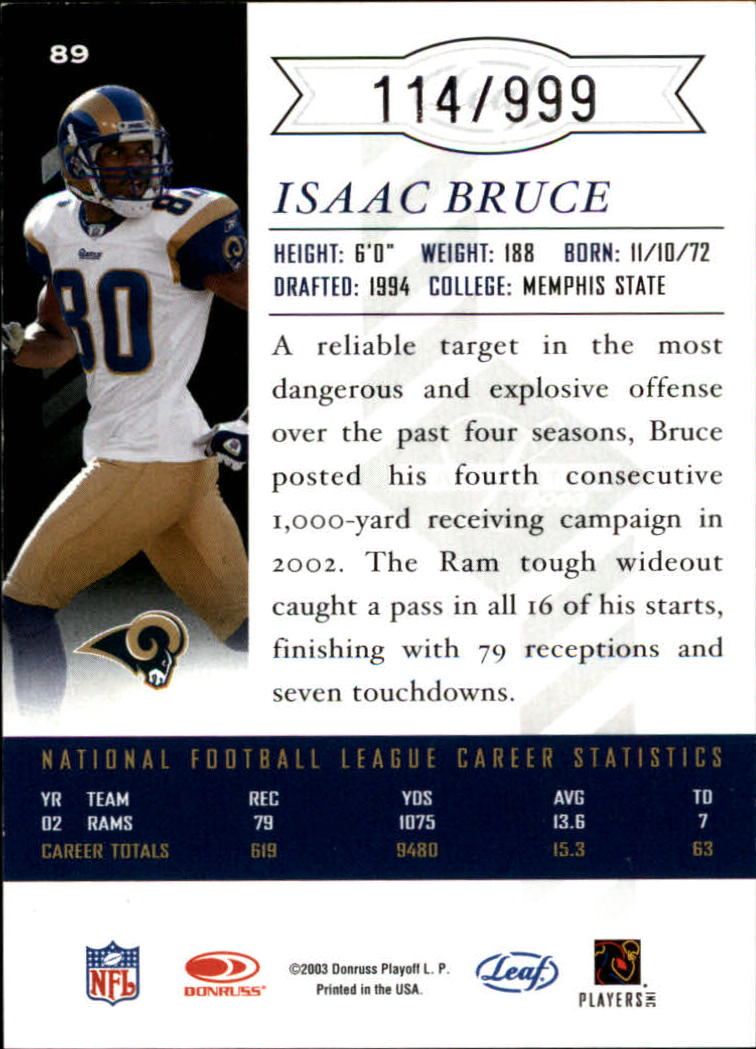 2003 Leaf Limited #89 Isaac Bruce back image