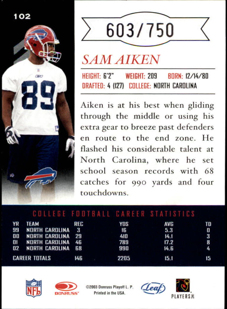 2003 Leaf Limited #102 Sam Aiken RC back image