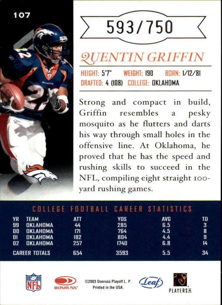 2003 Leaf Limited #107 Quentin Griffin RC back image