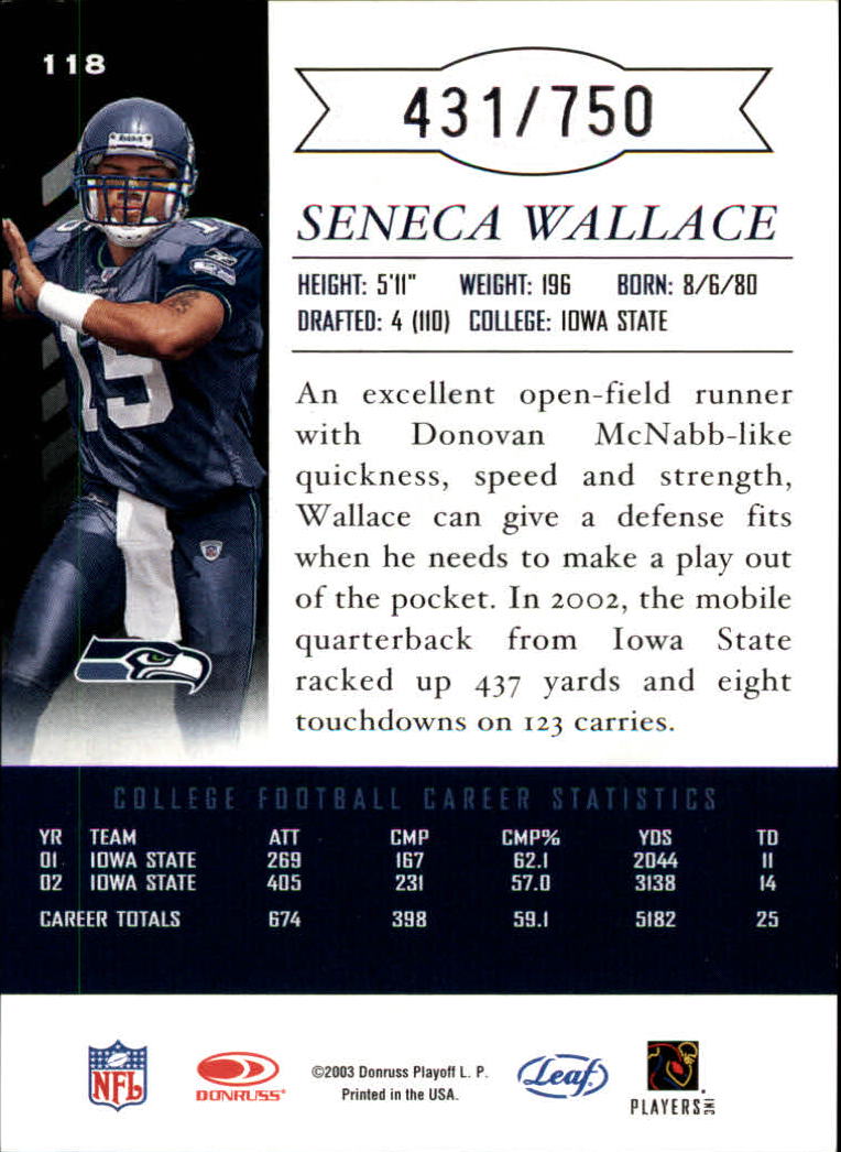 2003 Leaf Limited #118 Seneca Wallace RC back image