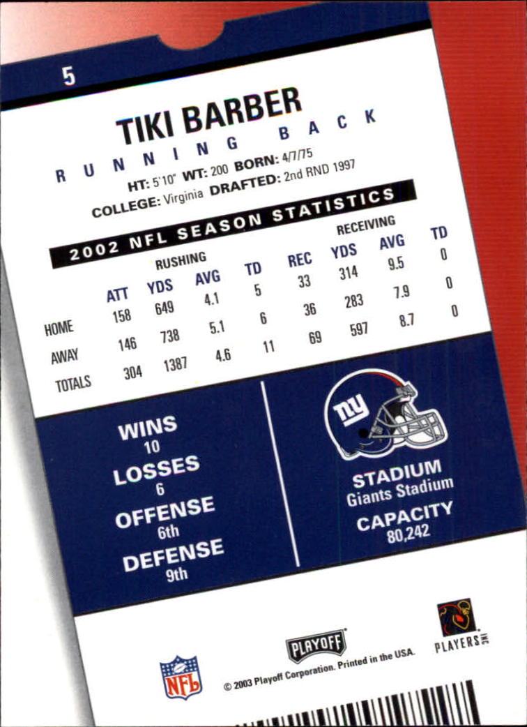 2003 Playoff Contenders #5 Tiki Barber back image
