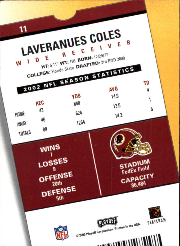2003 Playoff Contenders #11 Laveranues Coles back image