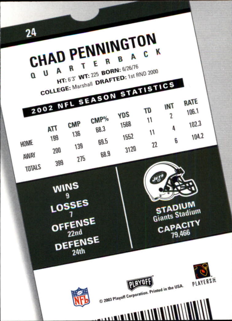 2003 Playoff Contenders #24 Chad Pennington back image