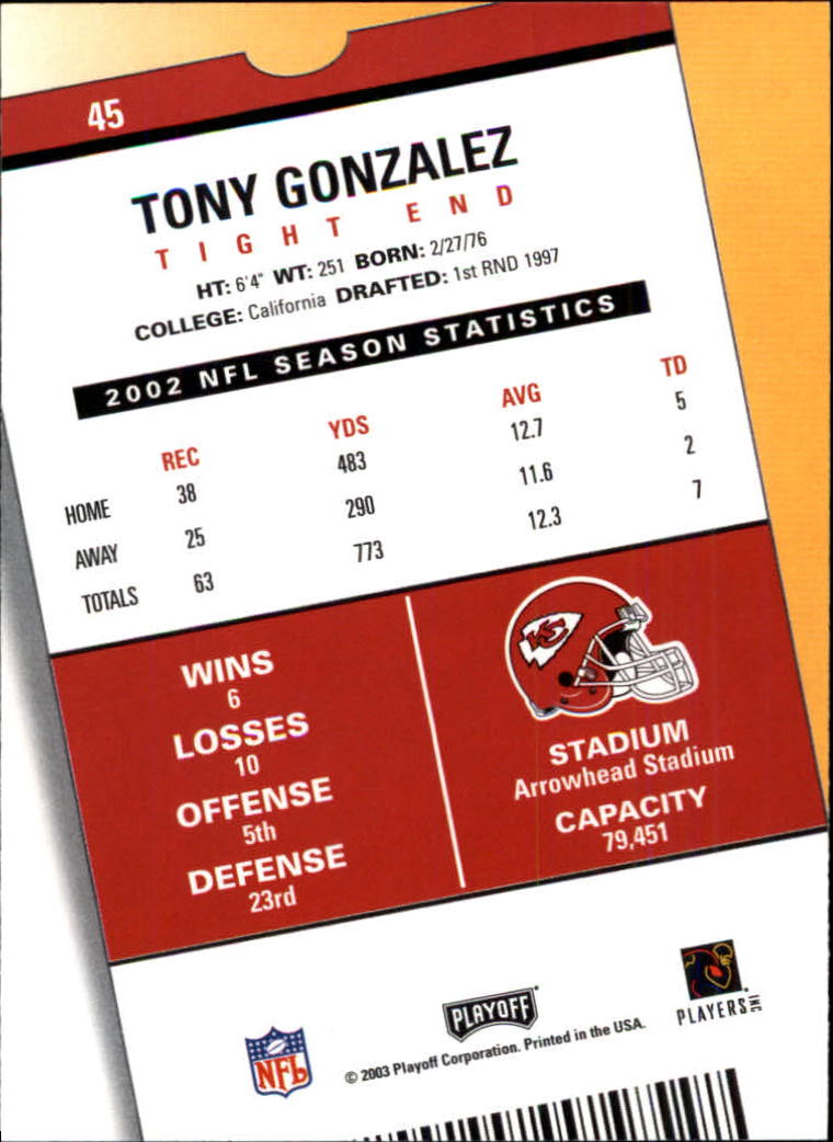 2003 Playoff Contenders #45 Tony Gonzalez back image
