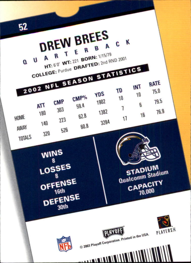2003 Playoff Contenders #52 Drew Brees back image