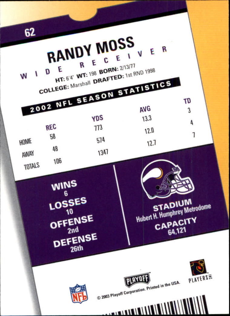 2003 Playoff Contenders #62 Randy Moss back image