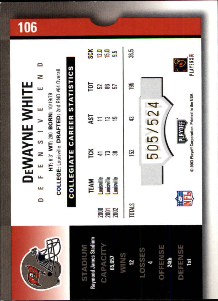 2003 Playoff Contenders #106 DeWayne White AU/524 RC back image