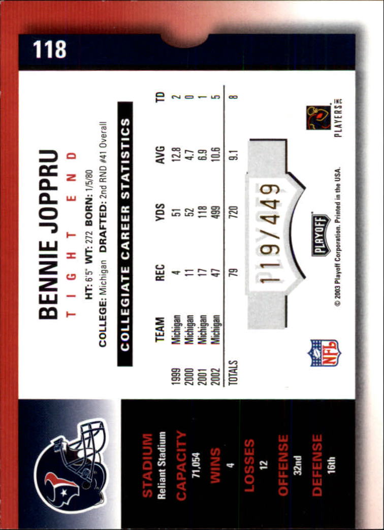 2003 Playoff Contenders #118 Bennie Joppru AU/449 RC back image