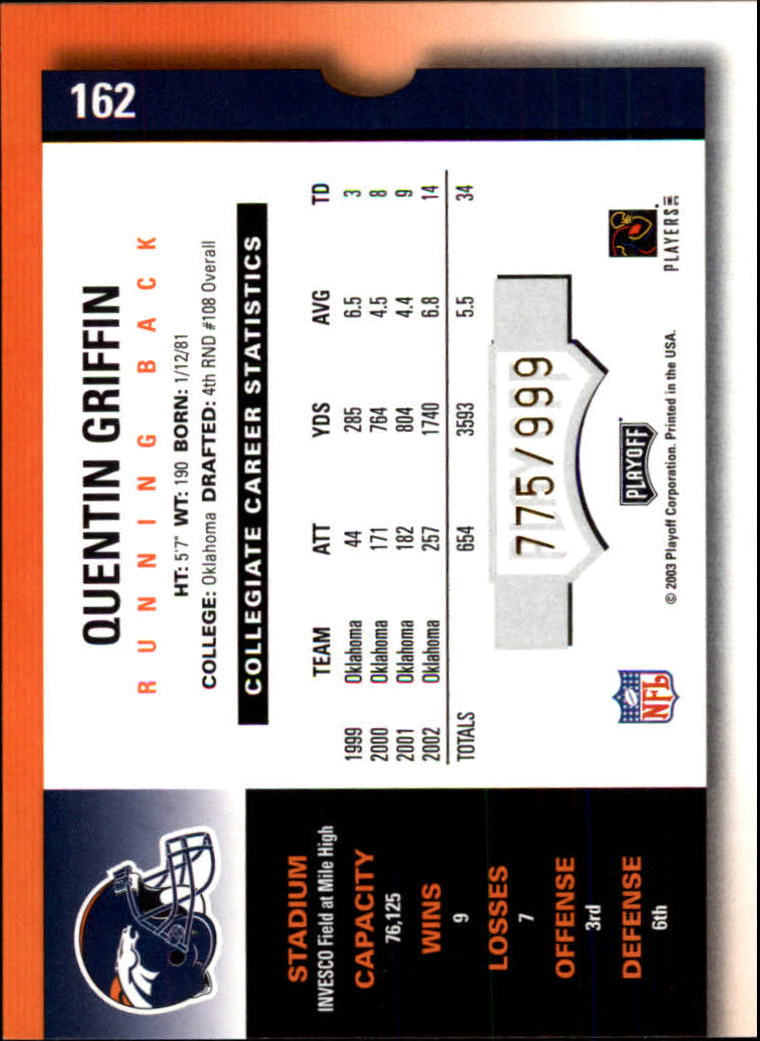 2003 Playoff Contenders #162 Quentin Griffin AU/999 RC back image