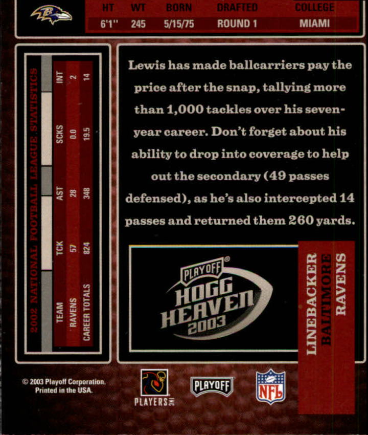 2003 Playoff Hogg Heaven #12 Ray Lewis back image