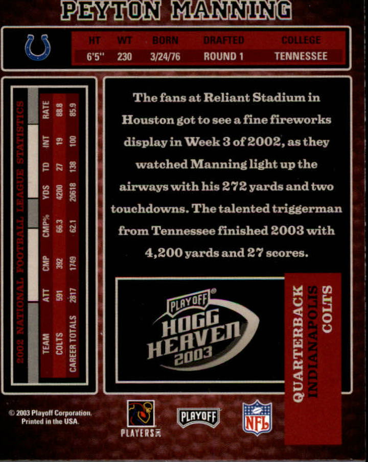 2003 Playoff Hogg Heaven #64 Peyton Manning back image