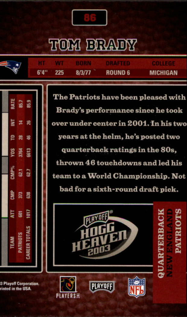 2003 Playoff Hogg Heaven #86 Tom Brady back image