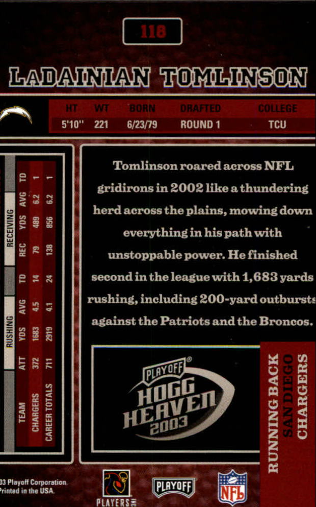 2003 Playoff Hogg Heaven #118 LaDainian Tomlinson back image