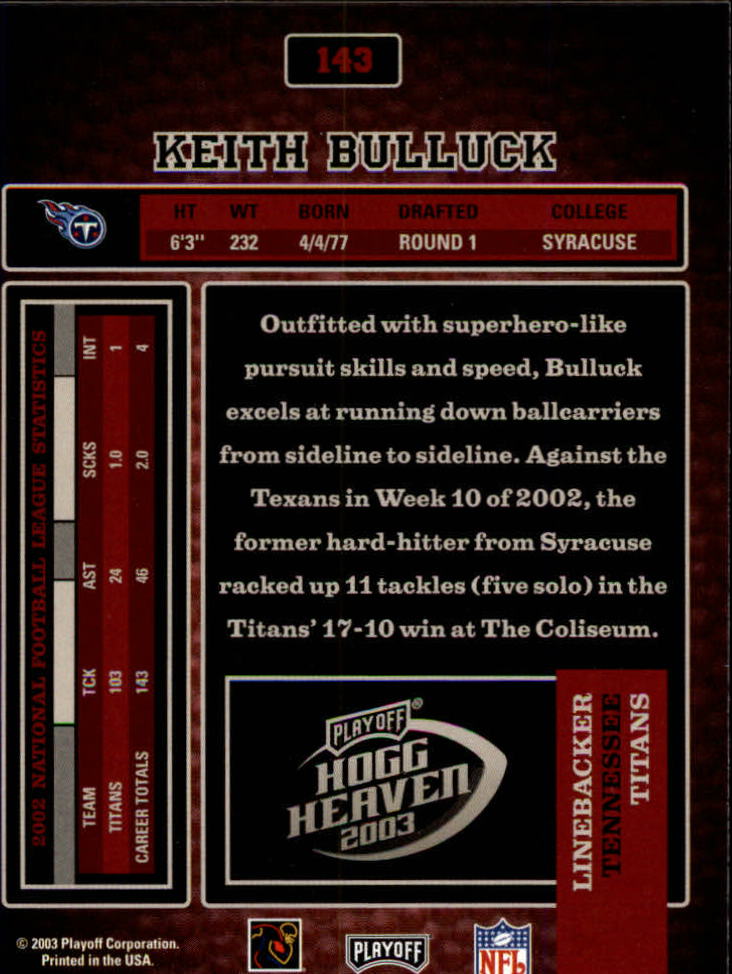 2003 Playoff Hogg Heaven #143 Keith Bulluck back image
