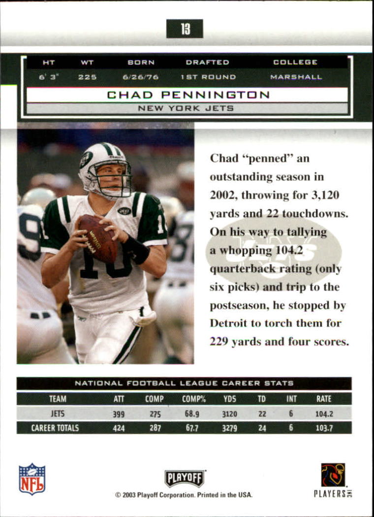 2003 Playoff Honors #13 Chad Pennington back image