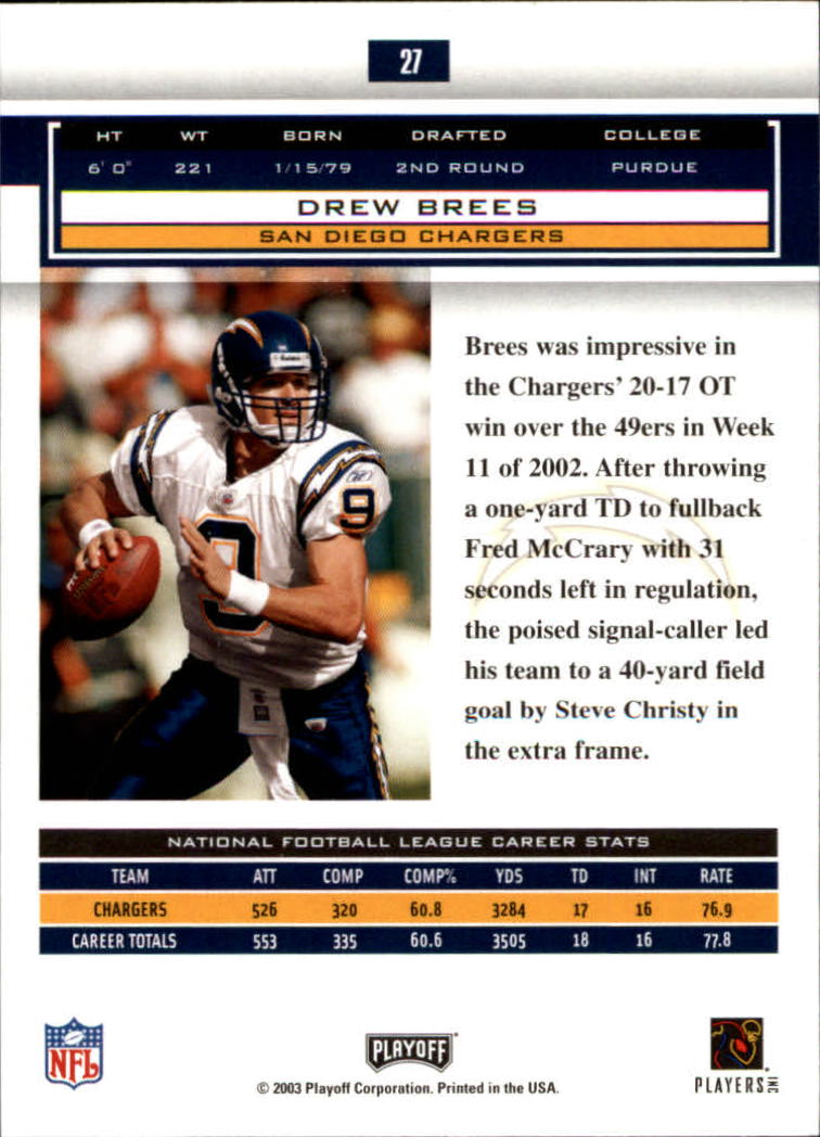 2003 Playoff Honors #27 Drew Brees back image