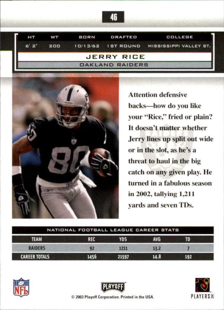 2003 Playoff Honors #46 Jerry Rice back image