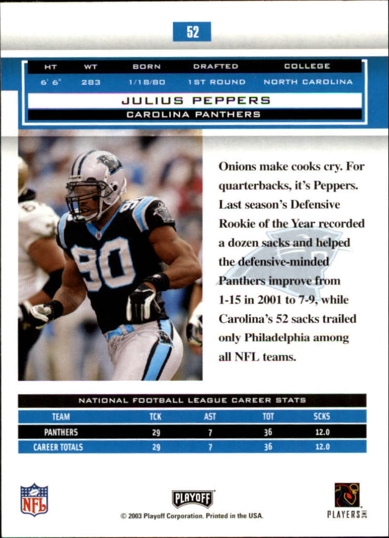 2003 Playoff Honors #52 Julius Peppers back image