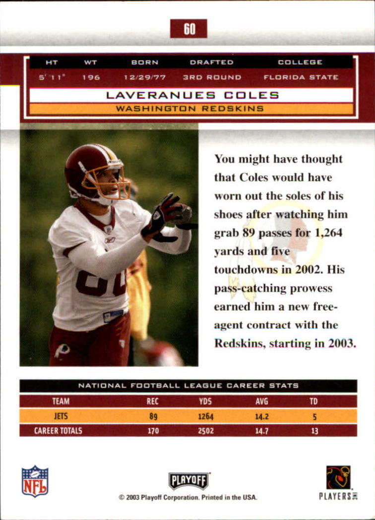 2003 Playoff Honors #60 Laveranues Coles back image