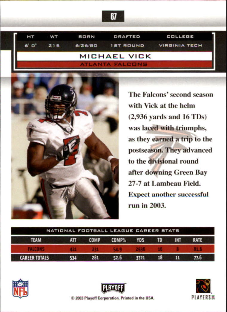 2003 Playoff Honors #67 Michael Vick back image