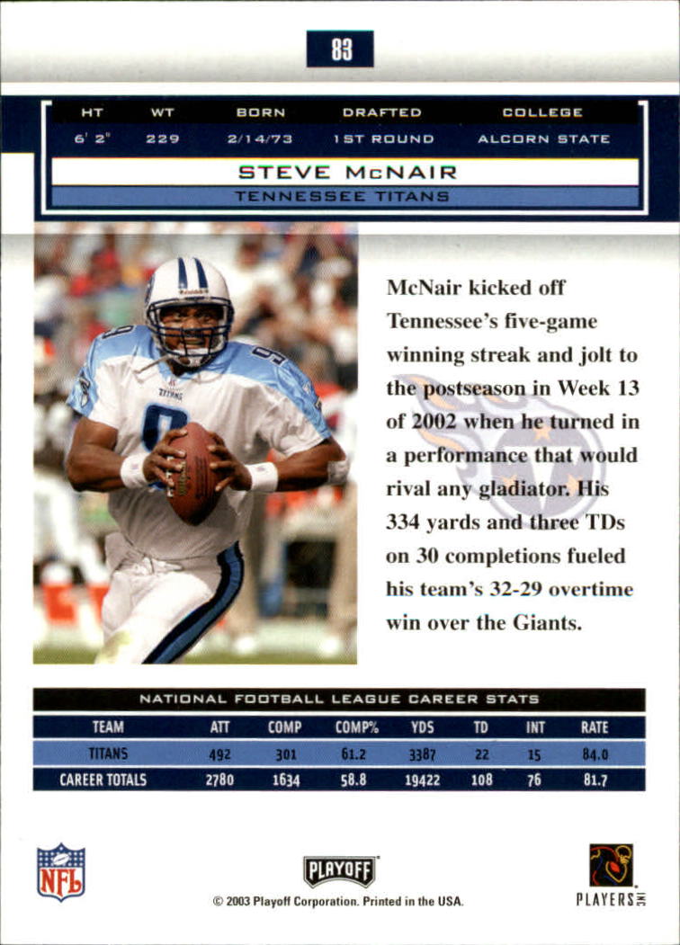 2003 Playoff Honors #83 Steve McNair back image