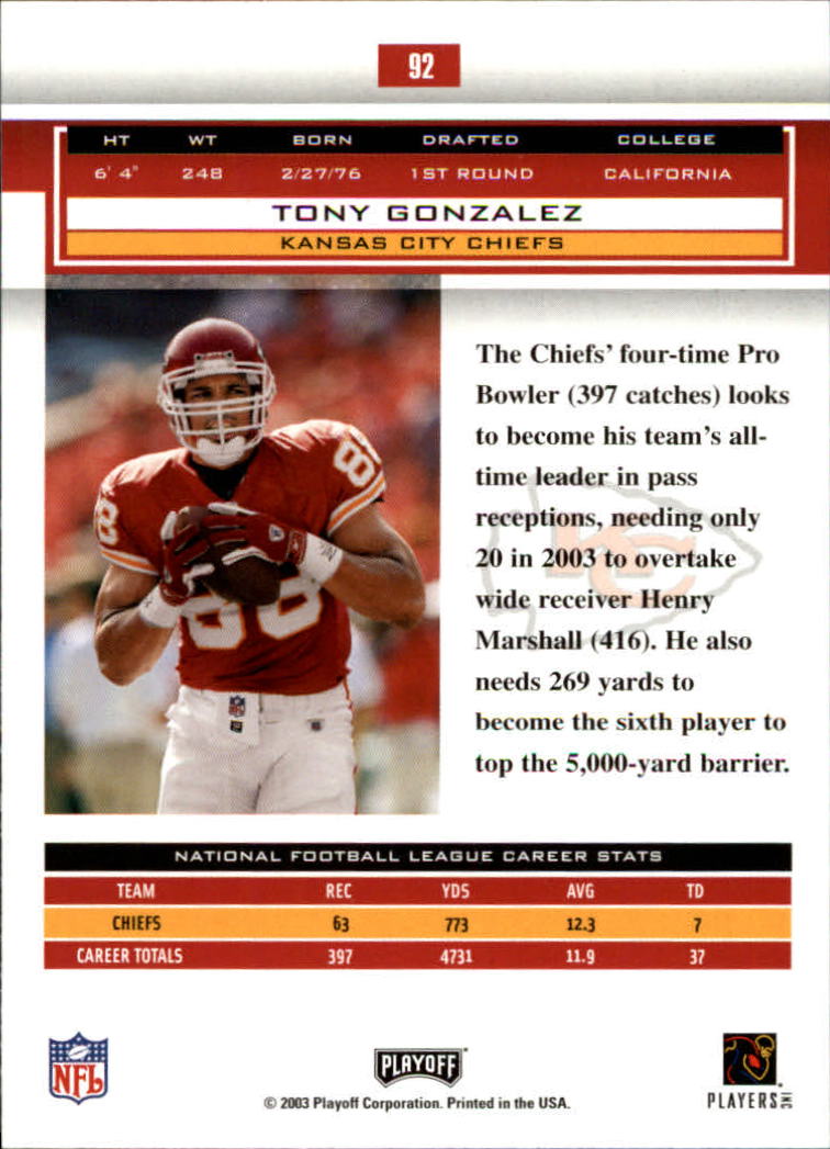 2003 Playoff Honors #92 Tony Gonzalez back image