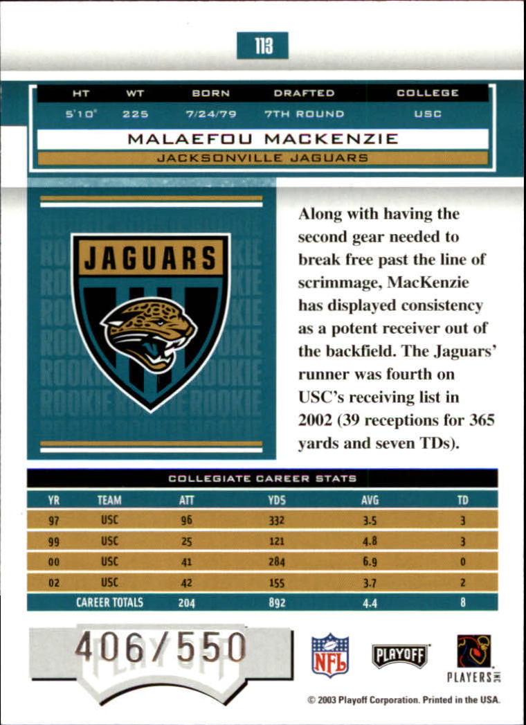 2003 Playoff Honors #113 Malaefou MacKenzie RC back image