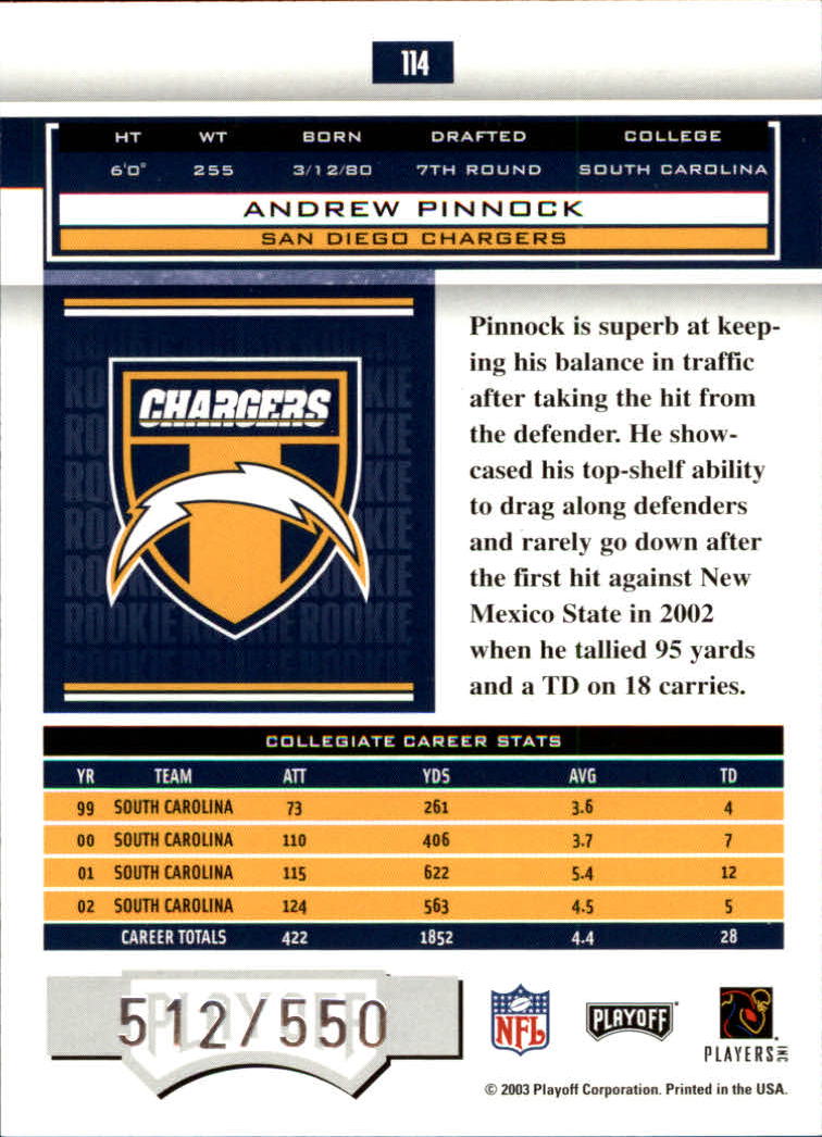 2003 Playoff Honors #114 Andrew Pinnock RC back image