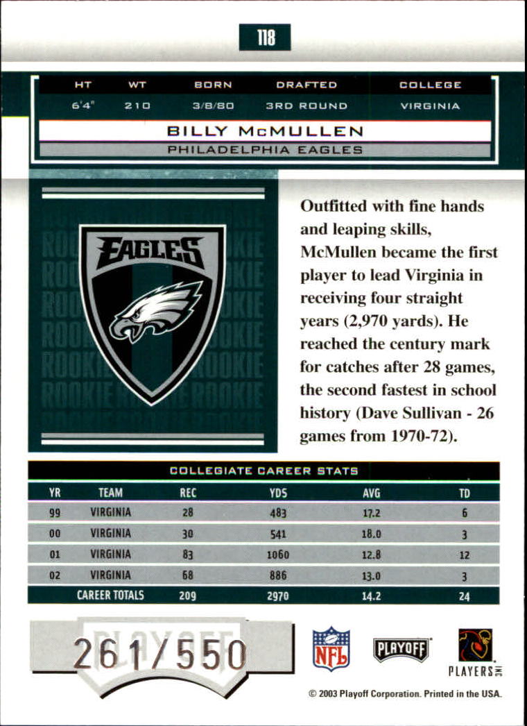 2003 Playoff Honors #118 Billy McMullen RC back image