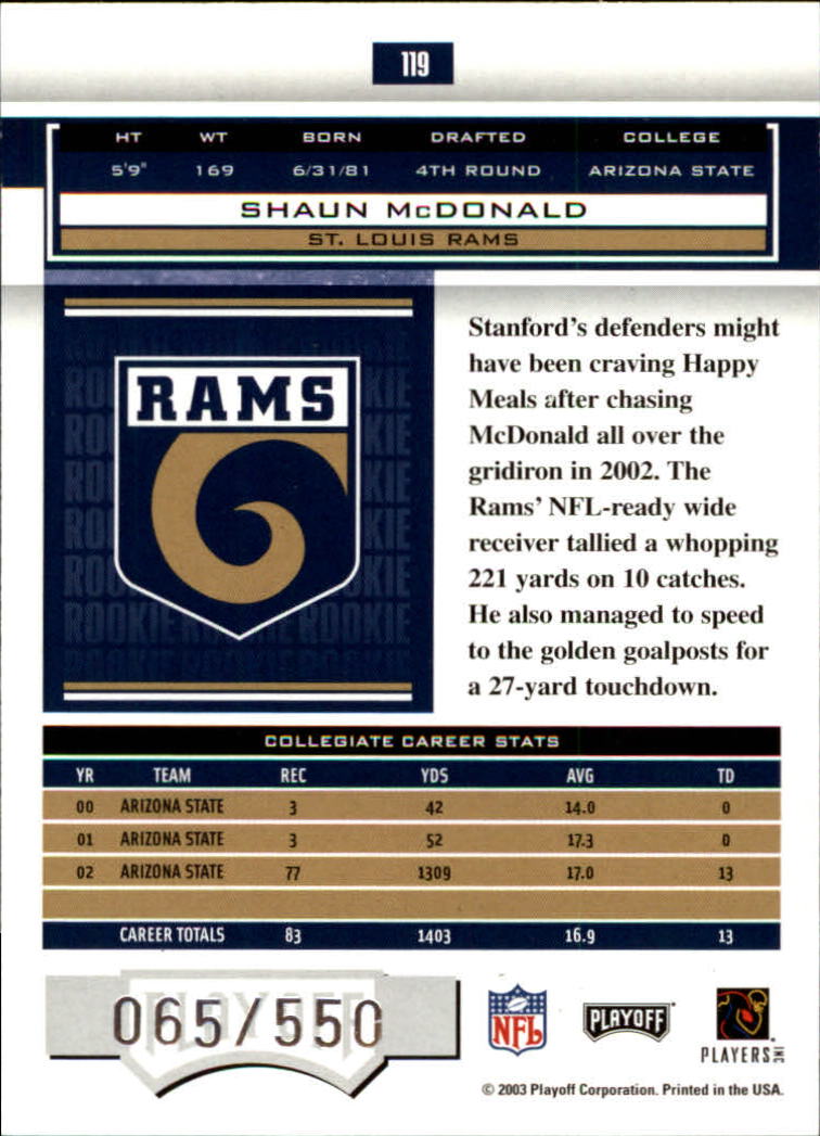 2003 Playoff Honors #119 Shaun McDonald RC back image
