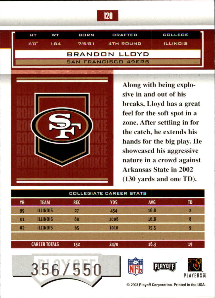 2003 Playoff Honors #120 Brandon Lloyd RC back image