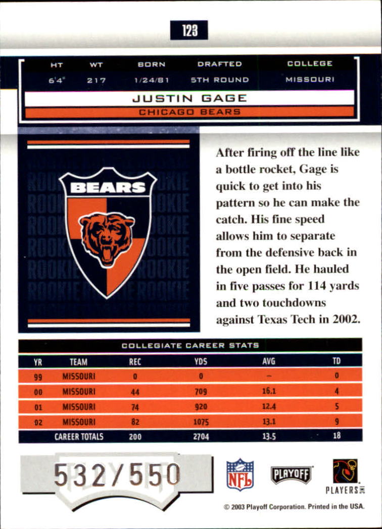 2003 Playoff Honors #123 Justin Gage RC back image