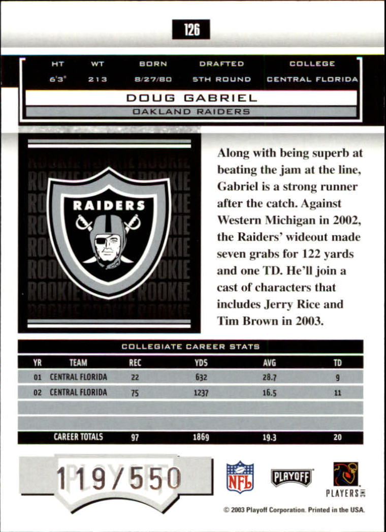 2003 Playoff Honors #126 Doug Gabriel RC back image